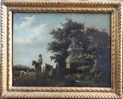an old painting of a man on a horse and a man on a horse with a dog