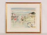 a watercolor painting of a harbor scene with boats