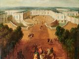 an image of a painting of people riding horses in a courtyard
