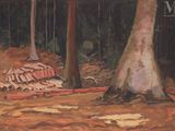 a painting of a forest with a dead animal in the foreground