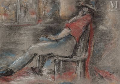 dessin représentant une femme assise sur une chaise, les jambes croisées