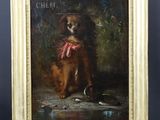 une peinture à l'huile représentant un chien avec un bandana rouge autour du cou