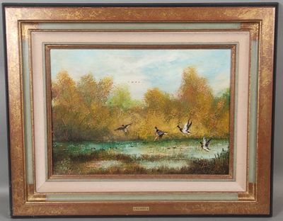 an oil painting of ducks flying over a pond in a wooded area