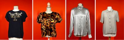 four different styles of dresses on mannequins against a red background
