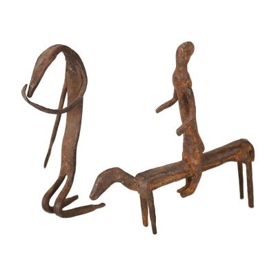 paire de figurines anciennes en fer représentant un cheval et son cavalier, milieu du XXe siècle