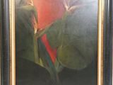 une peinture à l'huile représentant une plante « oiseau de paradis », dans un cadre doré