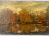 une image représentant un tableau d'un lac avec une maison en arrière-plan