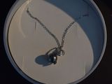 a silver necklace with a black pearl on a white plate