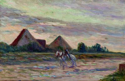 un tableau représentant deux personnes à cheval dans un champ