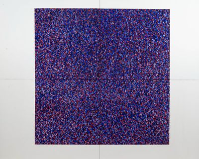 an image of a blue and red painting on a white wall