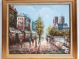 painting of a street scene with people walking down the street