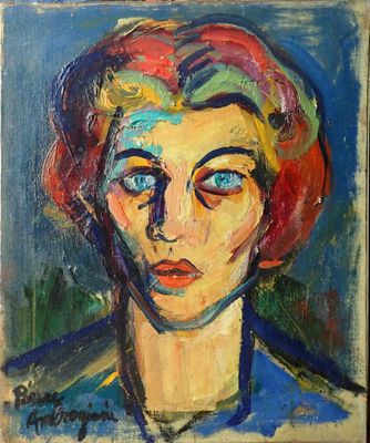 a painting of a woman with blue eyes and a red hat