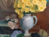 a painting of flowers in a vase on a table