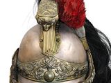 a helmet with a red feather on top of it