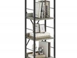 a tall bookcase with four shelves and baskets on top of it