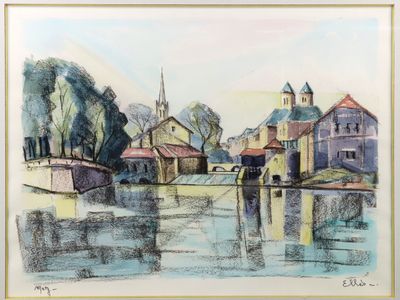 tableau représentant une scène fluviale avec des bâtiments et une église en arrière-plan