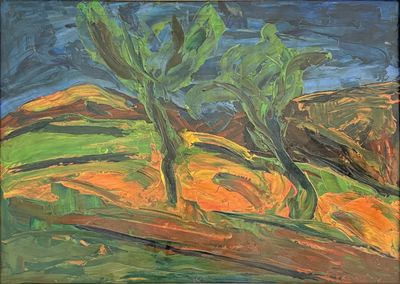 an oil painting of two trees on a hill with a blue sky in the background