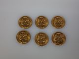 six gold sovereigns are arranged in a row on a white surface