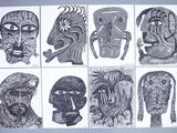 several black and white drawings of faces on white paper