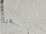 a drawing of a sailboat on the water with a lighthouse in the background