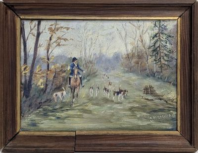 tableau représentant un homme à cheval accompagné d'une meute de chiens dans une zone boisée