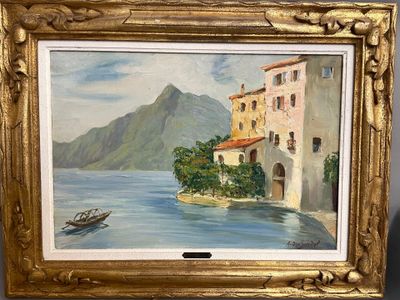 André SURDAL Village au bord de lac de montagne