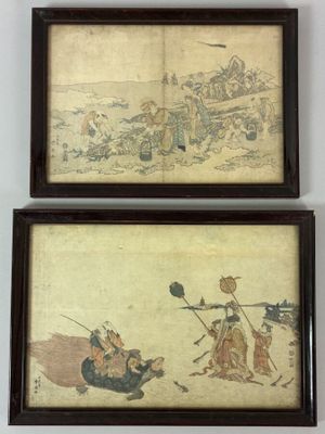 two framed paintings of people on a beach with a boat in the water