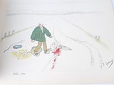 a drawing of a man walking down a road with a knife in his hand