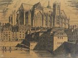 dessin représentant une cathédrale avec un bateau sur l'eau