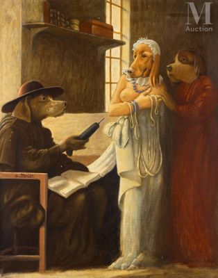 tableau représentant une femme et un chien assis à une table dans une pièce
