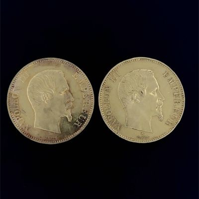deux pièces d'or représentant une tête d'homme et un visage de femme