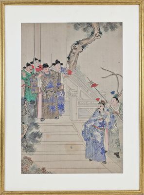 a painting of a group of people standing around a tree