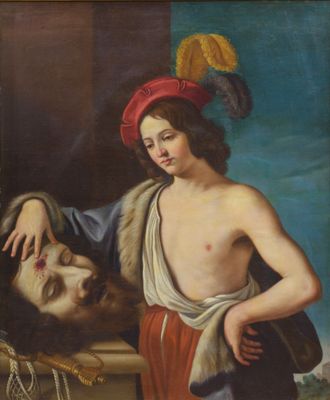 an image of a painting of a man with a beard and a woman in a red dress