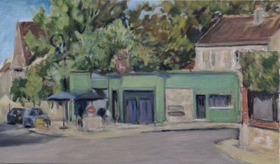 a painting of a green building on the corner of a street