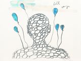 dessin représentant un homme avec des ballons bleus dans la tête