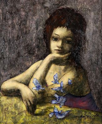 un tableau représentant une femme assise à une table avec des fleurs bleues