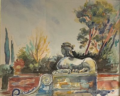 a watercolor painting of a statue in a garden