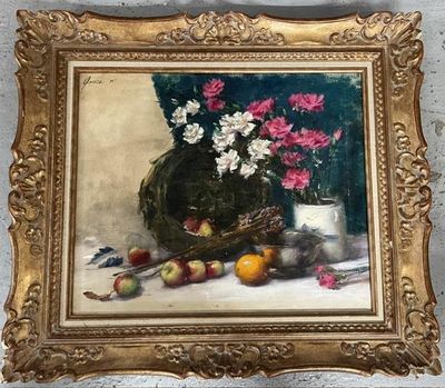 une photo d'un tableau représentant des fleurs et des fruits posés sur une table