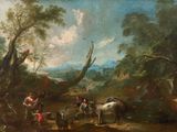 a painting of a group of people and animals in a wooded area
