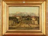 a painting of a painting of a village in a gold frame