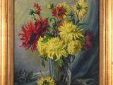 a painting of flowers in a glass vase on a table