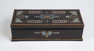 a black box with a blue and gold design on it