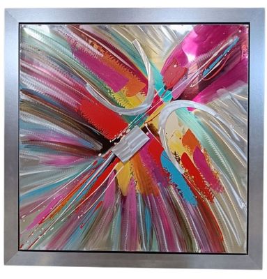 peinture abstraite représentant un papillon coloré sur fond argenté