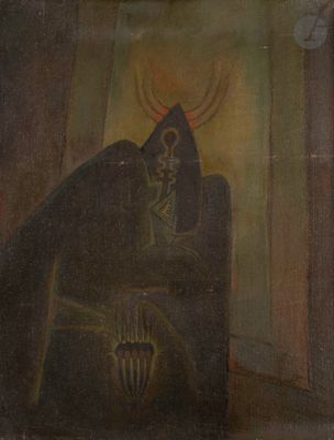 un vieux tableau représentant un homme assis sur une chaise, un crâne sur la tête