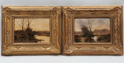 paire de peintures à l'huile du XIXe siècle représentant une scène fluviale
