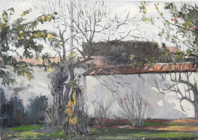 an oil painting of a white building with a red roof and trees