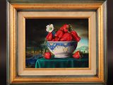 an oil painting of strawberries in a blue bowl on a green tablecloth