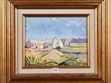 a painting of a farm scene with a house in the background