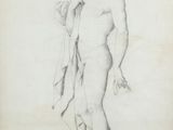 an old drawing of a man standing with his hand in his pocket