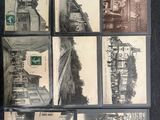 several old black and white photographs of buildings and a train